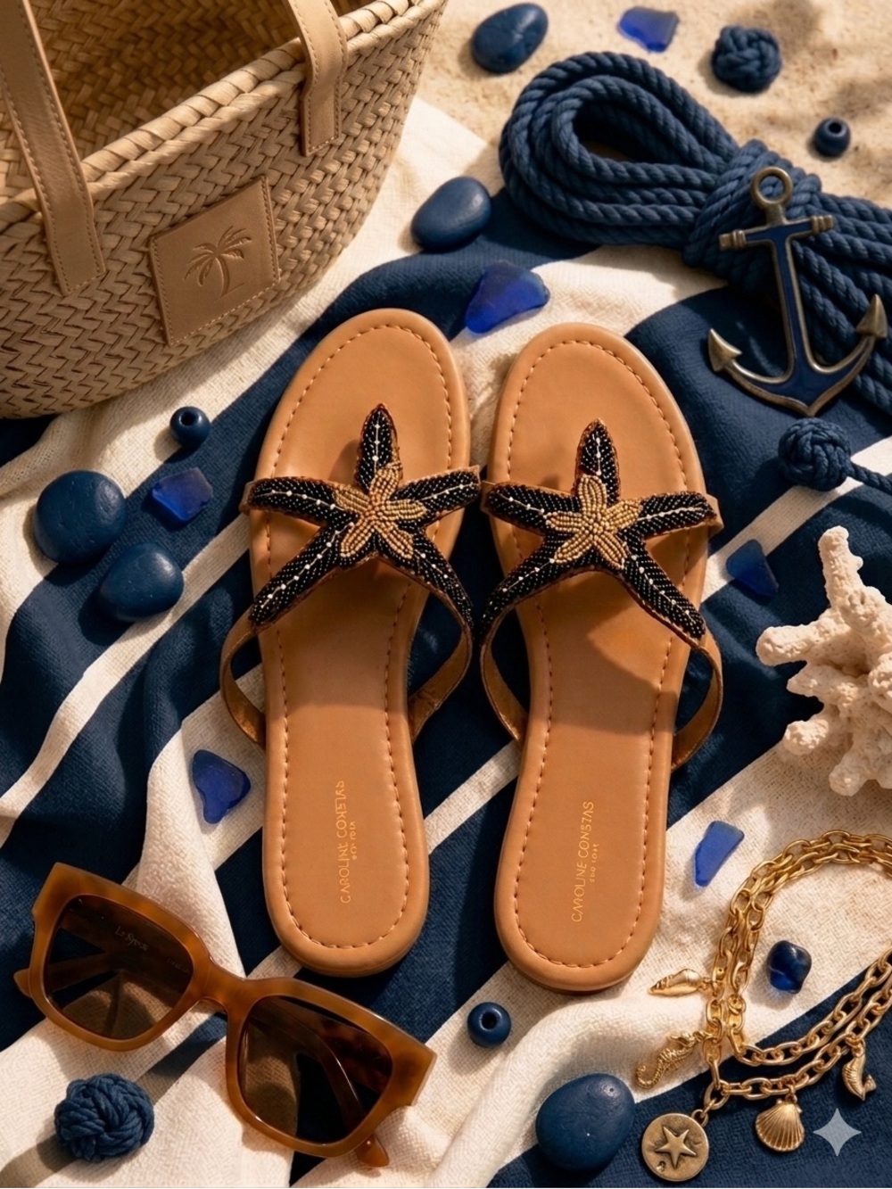 Caroline Constas Navy & Tan Braided Star Slide Sandals